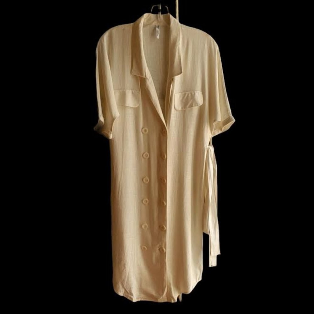 Mango White Double Breasted Knee Length Linen Dress w/Sash Belt SZ 2